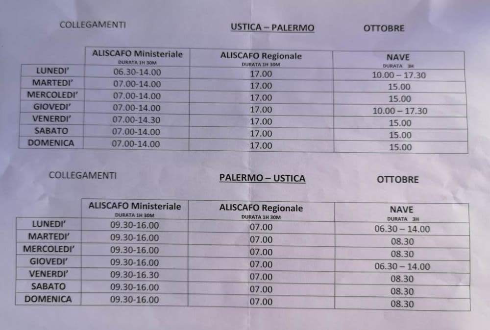 Orari collegamenti marittimi Ustica - Palermo e vv mese di OTTOBRE