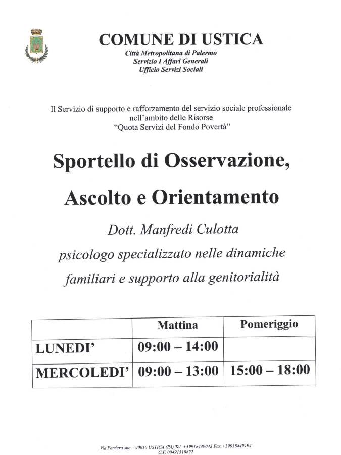 Comune di Ustica Sportello di Osservazione, Ascolto e Orientamento